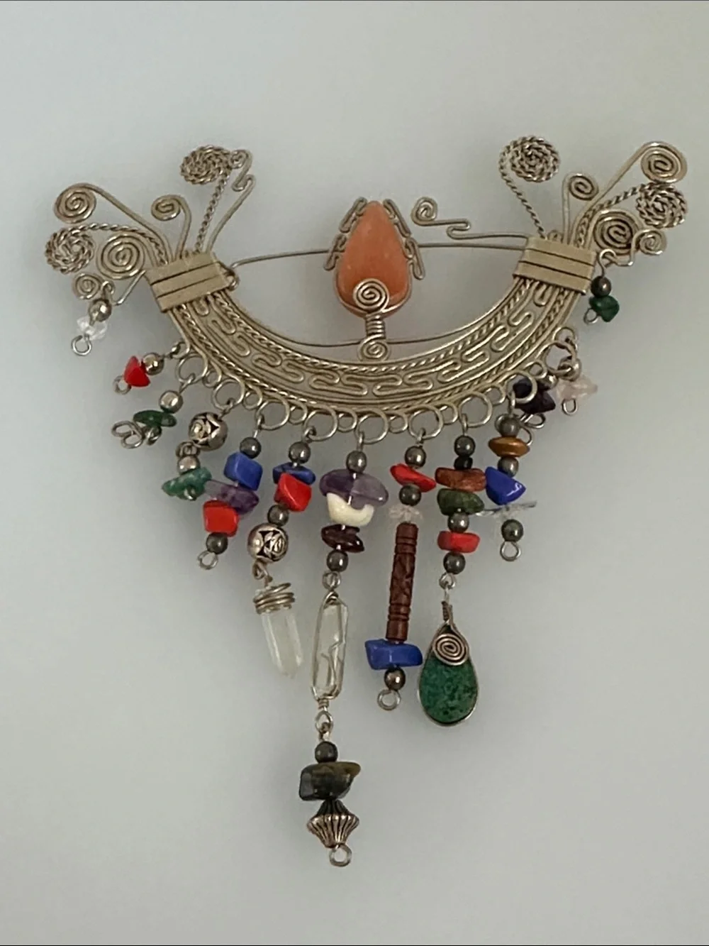 Artisan Multicolor Beaded Silver-Tone Filigree Brooch with Orange Center